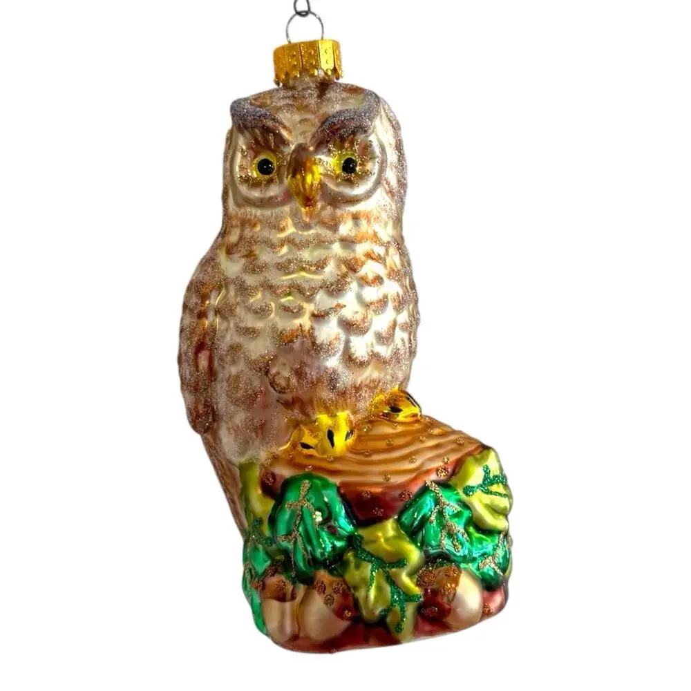 Hand‎ Blown Rustic Owl On Stump Glass Ornament Brown Gold Light Shimmer EUC